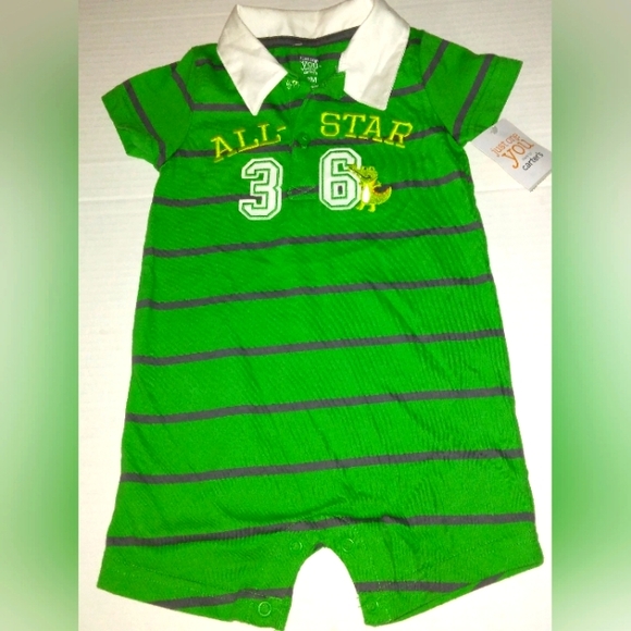 ☆NWT☆Beautiful Boys Polo Style Green/Gray Short Romper☆Carter's J.O.Y☆12mo - Picture 2 of 12